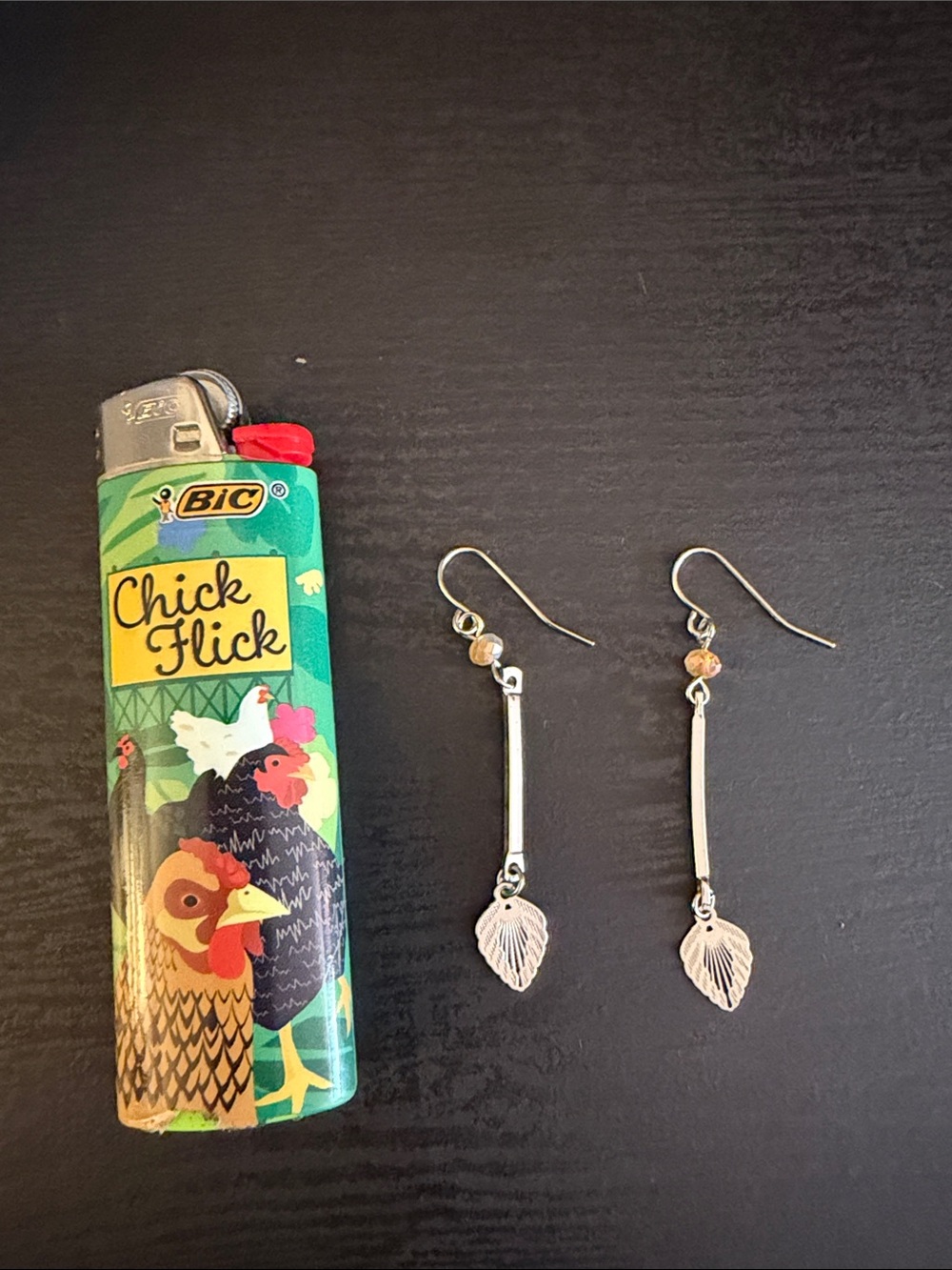 Silver Leaf Drop Earrings with Amber Bead Accent